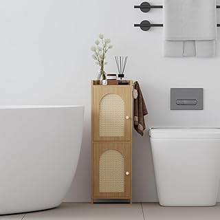 Rattan Bathroom Storage Cabinet,Corner Floor Cabinet with 2 Doors and Adjustable Shelf, Narrow Toilet Paper Cabinets with 2Hooks,Toilet Organizer for Small Spaces,7.87"D*9.84"W*29.72"H Oak