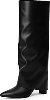 Knee High Boots Women Fold Over Knee High Boots Chunky High Heels Long Boots Zipper Pointed Toe Dress Tall Boots for Women