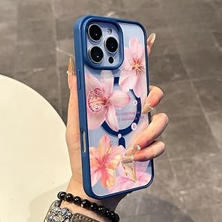 Compatible with MagSafe Pink Lily Floral Phone Case for iPhone 17 PRO MAX-12, Cute Aesthetic Y2K Shockproof Slim Cover for Women Girls (Blue, iPhone 16 Pro Max)