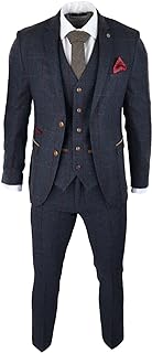 Mens Herringbone Tweed 3 Piece Navy Red Check Suit Vintage 1920s Tailored Fit