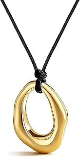 Gold Pendant Necklace for Women Adjustable Black Cord Organic Oval Charm Boho Statement Jewelry Gifts