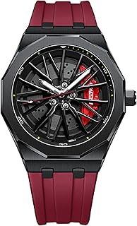 Men’s Fashion Racing Wheel Design Watch Creative 3D Spinning Car Wheel Rotating Luminous Quartz Watches 30M Waterproof Sports Wristwatch with Rubber Strap
