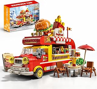 Burger Truck & Restaurant Building Toy Set （742PCS） Mobile Food Cart Playset with Tables, Ice Cream Van DIY Kit for Kids Boys Girls Age 6+