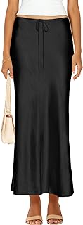 Womens Satin Silk Maxi Skirts Drawstring Flared Casual A-Line Long Skirt for Women