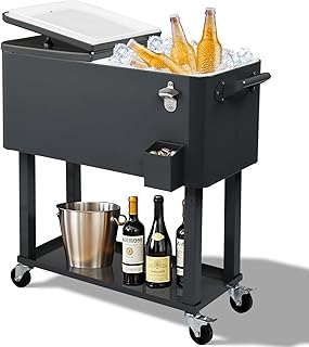 Outvita 80 Quart Rolling Ice Chest, Portable Bar Drink Cooler with Catch Basin, Bottom Storage Tray and Bottle Opener for Patio Party BBQ Beach Activities