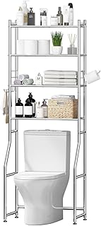 Ekisemio Over the Toilet Storage Cabinet, Metal 4 Tier Bathroom Shelves Over Toilet, Bathroom Oragnizer with 4 Hooks and Paper Holder, Chrome