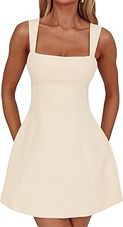 Women's Casual Square Neck Sleeveless Tank Top Flare Mini Dress A Line Party Club Dresses