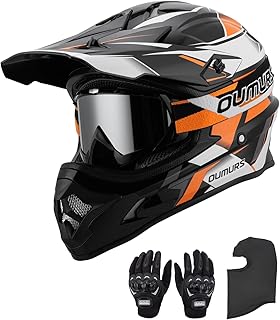 OUMURS DOT Adult ATV Dirt Bike Helmet with Goggles Gloves & Mask Adjustable Sun Visor Motorcycle Adults Helmet Off-Road Motocross Downhill Moped MX for Unisex-Adult-Victory Orange, M