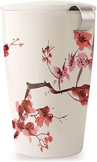Tea Forte Double-Walled Ceramic Kati Cup, Removable Stainless Steel Infuser Basket and Lid, Steeps 12 oz Loose Leaf Tea, Dishwasher & Microwave Safe, Cherry Blossom