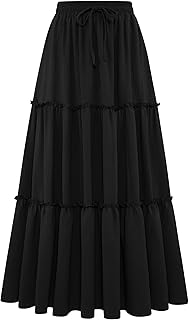 Women's Summer Maxi Skirt Trendy High Waist Pleated Ruffle Long Skirts Flowy Beach Boho Skirt Dress with Pockets