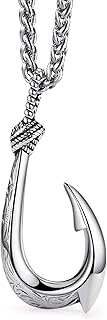 Stainless Steel Fish Hook Necklace for Men, Maui Hook Necklace Nautical Lucky Charm Jewelry Double-Sided 3D Hawaiian Makau Pendant with 24" Wheat Chain
