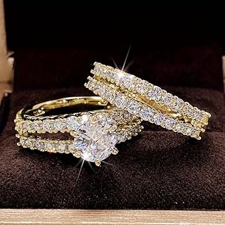 2 Pcs/set Gold Plated Inlay Zirconia Engagement Rings for Women Bridal Wedding Proposal Gift Jewelry