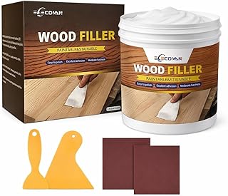 Wood Filler Repair Kit 16oz White – Paintable & Stainable Wood Putty Filler for Furniture, Doors & Floors, Exterior Water-Resistant Wood Crack & Hole Filler with Scrapers, Sandpaper & Gloves