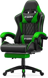 Bigzzia Gaming Chair with Footrest, Ergonomic Computer Chair with Breathable Cushion, Adjustable Headrest, Lumbar Support, 90°-135° Recline Gaming Chairs for Adults, Black Green