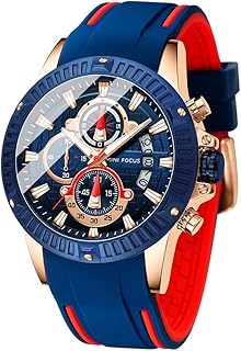 Men Watch, Chronograph Waterproof Sport Analog Quartz Watches Blue Silicon Strap Fashion Wristwatch for Men