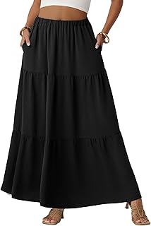 Womens Boho Casual Maxi Skirts Flowy Elastic High Waisted A-Line Long Skirts with Pockets Beach Vacation
