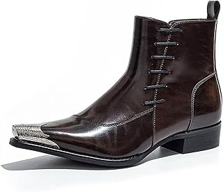 Men’s Western Pointed Toe Ankle Boots with Metal Toe Cap Side Zipper Comfortable Non Slip Dress Boots for Back to School and Banquet