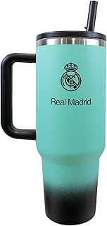 Officially Licensed Real Madrid 40oz Thermal Flask - 1.13L, Water Bottle with Integrated Straw & Handle, Double-Wall Insulated Travel Mug, Stainless Steel, BPA Free, Great Football Gift Idea