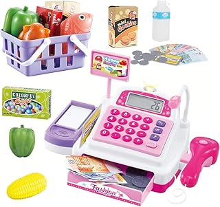 Cash Register Pretend Play Supermarket Shop Toys with Calculator ,Working Scanner,Credit Card ,Play Food ,Money and More(Color May Random)