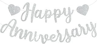 BEISHIDA Silver Happy Anniversary Banner, Pre-Strung - Glitter Happy Anniversary Banner，NO DIY - Silver Glitter Garland Sign for Wedding Party Decorations & Decor