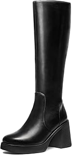 Knee High Boots for Women - Platform Chunky Square Toe Tall Boots with Block Heeled Side Zipper, Fashion Long Gogo Boots for Spring Fall