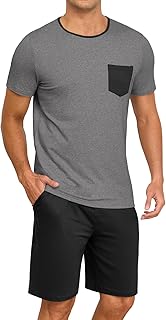 Mens Summer Pajamas Set Lightweight Pjs Sets Short Sleeve Pajama Shorts Set Soft Sleepwear Loungewear with Pockets