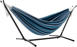 Vivere Double Cotton Hammock with Space Saving Steel Stand, Upgraded Polyester End Strings 450 lb Capacity - Premium Carry Bag Included - USA Grown Cotton (Blue Lagoon)