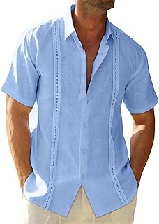 Mens Linen Cuban Guayabera Shirts Button Down Short Sleeve Shirt Cotton Hippie Summer Beach Vacation Shirts