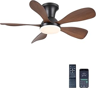 NKPU 36inch Low Profile Ceiling Fans with Lights and Remote/APP Control, Reversible DC Motor, 6 Speeds, Modern Flush Mount Ceiling Fan with 5 Blades for Outdoor Patio,Small Room,Bedroom, Brown