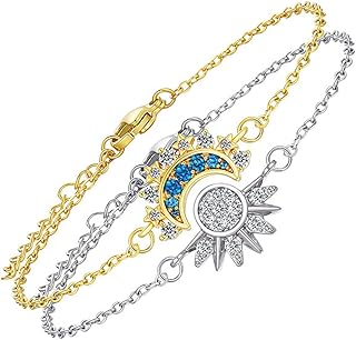 Sun Moon Bracelet Set Stackable Bracelet for Women Men Sparkling Gold Sun Ring/Blue Moon Bracelet Couple Bracelet Matching Bracelet as Friendship Best Friend Jewelry for Women Men