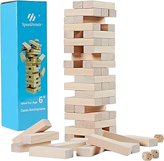 Mini Tumble Tower, 54PCS Wooden Stacking Game for Teens - Pine Stack Timber Board Games with 4 Dice Set - Classic Xmas Gifts for Teens