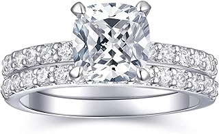 2 CT Cushion Cut Engagement Travel Rings Set for Women 18K White Gold Plated Fake Wedding Ring Band Promise Rings for Her, Cubic Zicornia Ring 2 PCS, Size 4-11