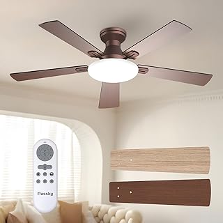 Passky Ceiling Fans with Lights, 52 inch Flush Mount Ceiling fan with Remote Control, Low Profile Ceiling Fan for Bedroom, Farmhouse, Reversible, 3CCT, Dimmable, Noiseless DC Motor, Brown