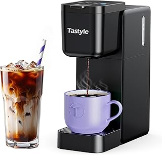 Single Serve Coffee Maker Hot and Iced with Bold Brew, Small Coffee Machine for K Cup and Ground, Fits 7.3'' Travel Mug, Brews up to 16 Oz, 5 Cup Sizes, for Office, RV& Hotel, Elegant Black