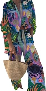 Women's Two Piece Outfit Graphic Print Long Sleeve Shirt & Wide Leg Pants Elastic Waist Vacation Pajamas Outfits