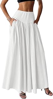 Women's Pleated Flowy Long Skirts High Waist Maxi Skirt with Pocket