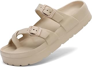 Womens Arch Support Platform Sandals Comfort Slides Thick Soles Flat Sandals With Adjustable Buckle & Ultra Cushion