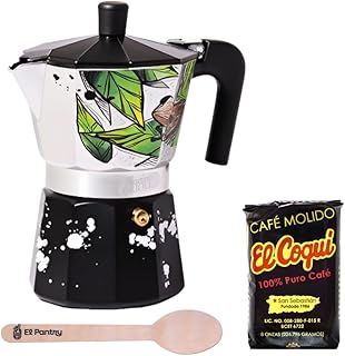 Puerto Rico Greca de Cafe Gift Set | Boricua Art by Joshua Montes Stovetop Coffee pot & Moka Pot with Authentic Café El Coqui and a Wooden Spoon | Cafetera | El Coqui, 6 Espresso Cups