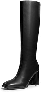 Knee High Boots for Women Square Toe Gogo Chunky Heel Tall Boot Fashion Side Zipper Long Boot