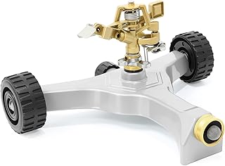 RESTMO Heavy Duty Full Metal Pulsating Sprinkler with Wheeled Base, 360° Rotating Impact Sprinkler for Large Area Lawn & Yard Irrigation, Adjustable Zinc Alloy Head for Flexible Coverage