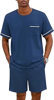 Men pajama set Summer Short Sleeve Shirts and Shorts 2 Piece Lounge Sets with Pockets
