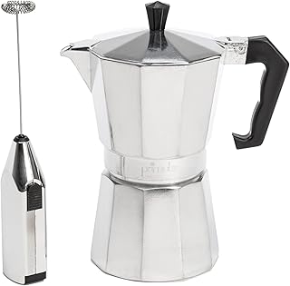 Stovetop Espresso Maker and Handheld Electric Milk Frother Gift Set, Moka Pot for Classic Italian and Cuban Coffee, Cafetera, 6 Espresso Cups, Silver
