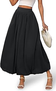 Women's Bubble Maxi Skirt, Elastic Waist Puffy Hem A-Line Skirt with Pockets