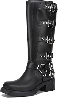 Athlefit Women's Knee High Riding Boots Fashion Buckle Square Toe Chunky Heel Wide Calf Biker Boots