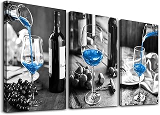 Canvas Wall Art For Kitchen Wall Decor For Dining Room Black And White Wine Glasses Painting Modern Blue Wine Canvas Art Prints Ready To Hang Pictures For Restaurant Home Decorations 12X16 3 Piece