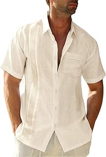 Mens Short Sleeve Cuban Camp Guayabera Shirt Linen Cotton Hippie Beach Button Down Shirts
