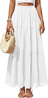 Women's Chiffon Pleated Maxi Skirt Elastic High Waisted Boho A-Line Fall Flowy White Long Skirts with Lining