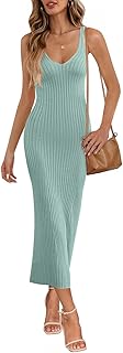 Womens Summer Bodycon Knit Midi Dress 2026 Spring Beach Vacation V Neck Casual Sleeveless Ribbed Sweater Dresses