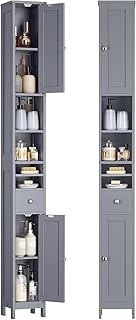 VASAGLE Tall Bathroom Cabinet, Slim Freestanding Bathroom Storage Cabinet with Adjustable Shelves, Drawer, Open Compartments, for Small Spaces, Modern, Dove Gray UBBC765G02