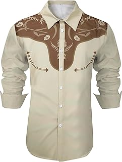 Western Shirts for Men Cowboy Shirts Retro Print Long Sleeve Country Shirt Slim Fit Button Down Shirt Casual Work